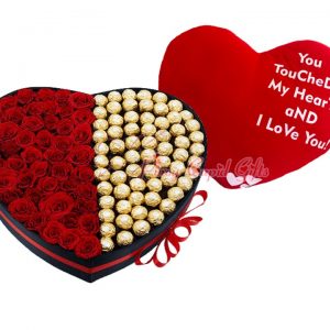 50 roses and 50 ferrero in heart box plus big heart pillow