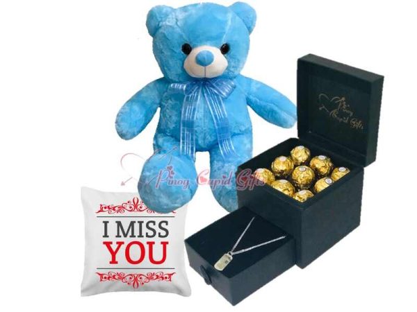 romantic box with dog-tag necklace and ferrero plu bear and pillow