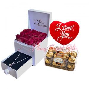 romantic box with roses & necklace plus ferrero chocolate and pillow