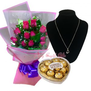 roses, ferrero chocolate, and silver necklace