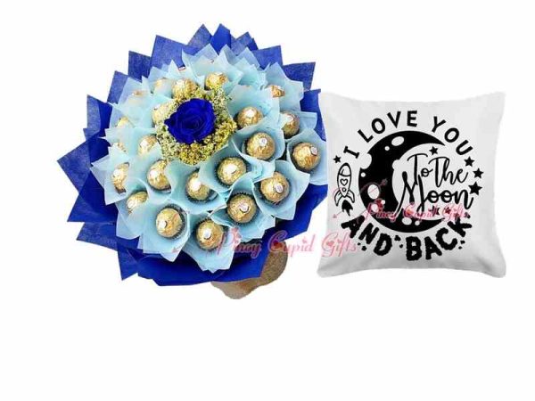 24 pieces Ferrero Bouquet, Blue "I Love You to the Moon..." Pillow