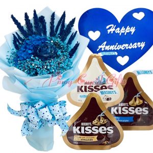 everlasting blue dried flowers, kisses chocolate and anniversary pillow