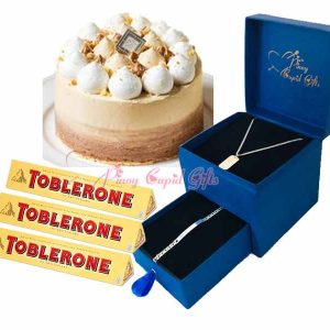 romantic box with silver dog-tag and bracelet, kumori coffee caramel mini cake, and message pillow