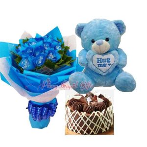 1 Dozen Blue Roses, Kumori Midnight Choco Truffle, 20" teddy bear