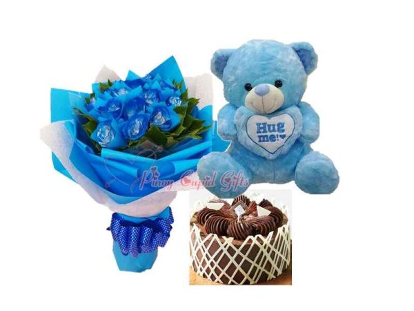 1 Dozen Blue Roses, Kumori Midnight Choco Truffle, 20" teddy bear