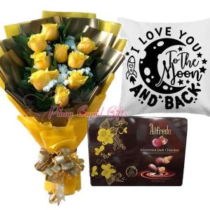Yellow imported roses, Alfredo Assortment chocolates and message pillow