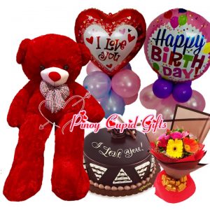 4ft life-size bear, chocolate cake, carnations, and birthday balloons