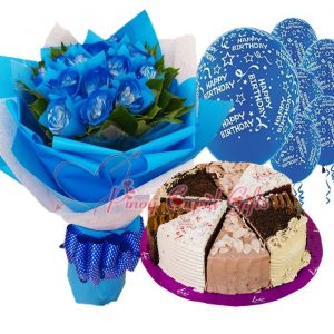 blue roses, carousel cake, birthday balloons