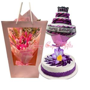 dried flowers, ube bloom cake and birthday balloons