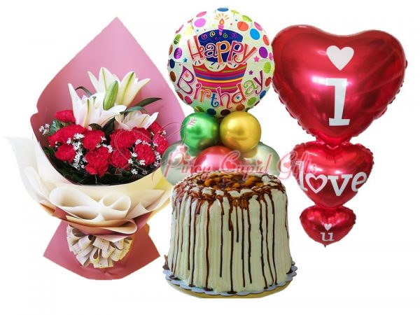 Mixed flowers, Mango Bravo Cake and Birthday balloons