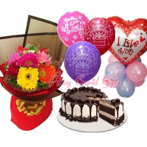 Mixed Gerberas Bouquet Tiramisu Meltdown Cake-Reg by Red Ribbon Mylar, “I Love You” Balloons