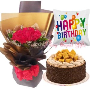 Roses, Caramia Chocolate Java Cake and Birthday pillow