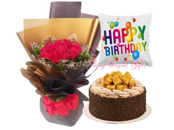 Roses, Caramia Chocolate Java Cake and Birthday pillow