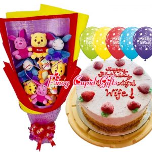 character bouquet, ice cream cake and birthday balloons