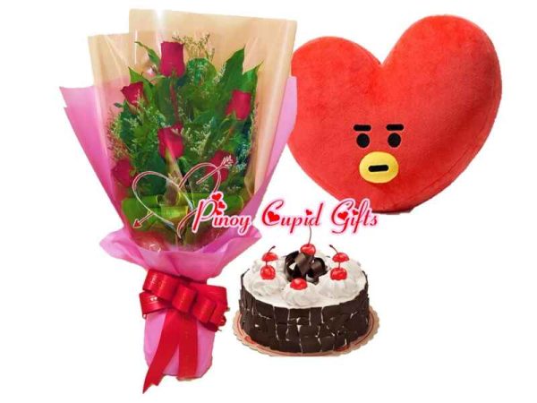 6pcs Red Roses, Black Forest Junior, & BTS Tata pillow