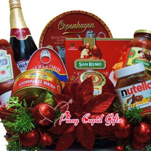 Christmas Basket01: Sparkling Grape Juice, Danish Cookies, Lasagna, Corned, Beef, Ham, Spaghetti Sauce, Nutella, Queso De Bola, Ketchup