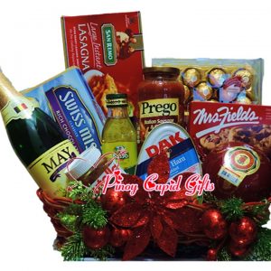 Christmas Basket02:Sparkling Grape Juice, Chocolate drink, Lasaga, Prego Sauce, Cookies, DAK Ham, Chocolates, Olive Oil, Nutella, Queso de Bola