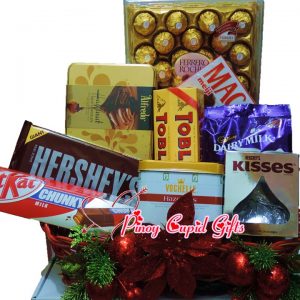 Christmas Chocolate Basket:Ferrero, Alfredo, KitKat, Hershey's, Toblerone, Vochelle, Macadamia, Cadbury
