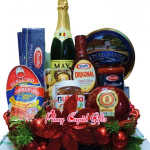 Christmas Basket09: Spaghetti, Pasta Sauce Grape Juice, Ham, Corned Beef, BBQ sauce, Cookies, Nutella, Queso de Bola Ham