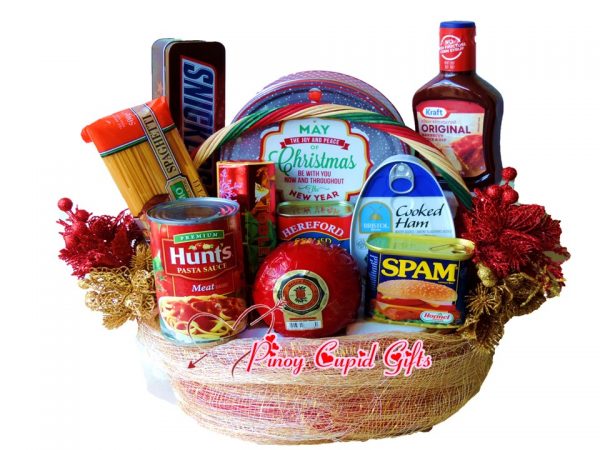 Christmas Basket 13: Holiday edition cookies, Chocolate, Ham, Spam, Corned Beef, BBQ Sauce, Queso de Bola