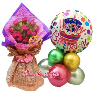 1 Dozen Pink Roses Bouquet, Happy Birthday Mylar Balloons