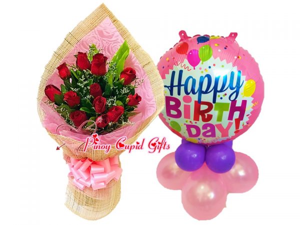 1 Dozen Red Roses Bouquet, Happy Birthday MylarBalloons