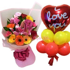 Mixed Roses, Gerberas, Lillies Bouquet, I Love You Mylar Balloons