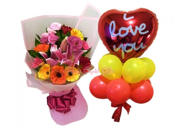 Mixed Roses, Gerberas, Lillies Bouquet, I Love You Mylar Balloons