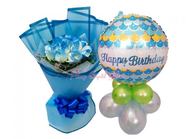 1 Dozen Blue Roses Bouquet, Happy Birthday Mylar Balloons
