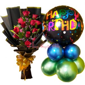 1 Dozen Red Roses & Happy Birthday Mylar Balloons