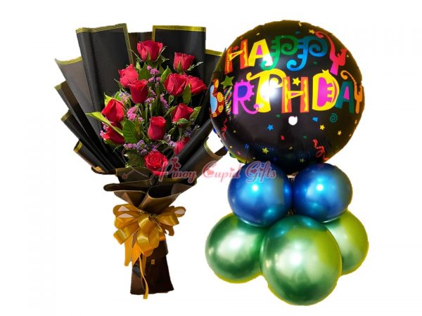 1 Dozen Red Roses & Happy Birthday Mylar Balloons
