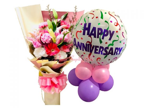 Mixed Flowers Bouquet, Happy Anniversary Mylar Balloons