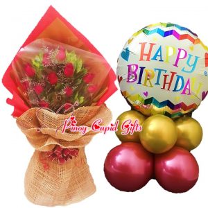 1 Dozen Red Roses Bouquet, Happy Birthday Mylar Balloons