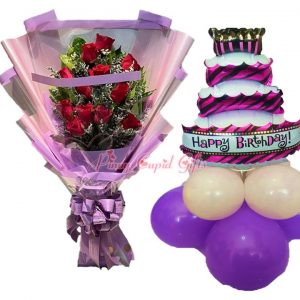 1 Dozen Red Roses & Mylar Birthday Balloons