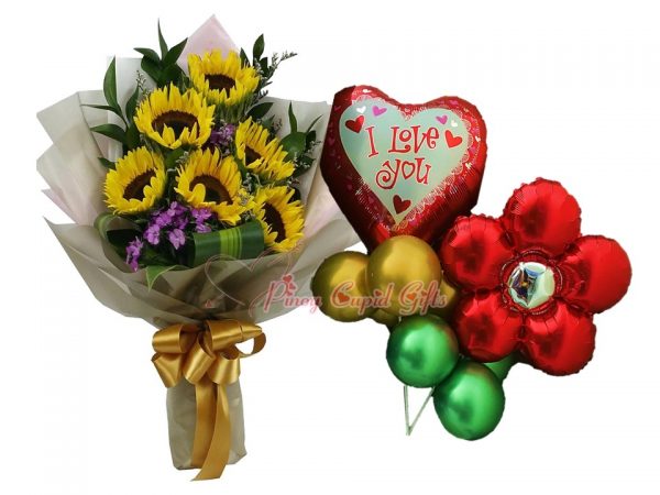 5pc Sunflower Bouquet, Mylar I Love You Balloons