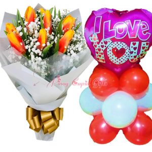 10pcs Tulips Bouquet, I Love You Mylar Balloons
