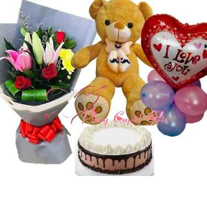 mixed flowers, 2ft teddy bear, Goldilocks chocolate mousse and balloons