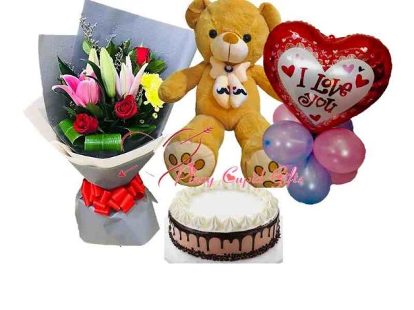 mixed flowers, 2ft teddy bear, Goldilocks chocolate mousse and balloons