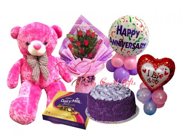Big Bear, roses, cake, chocolate and anniversary balloons