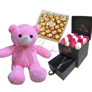 romantic box with mixed roses and silver necklace...plus ferrero and 22 inch teddy bear