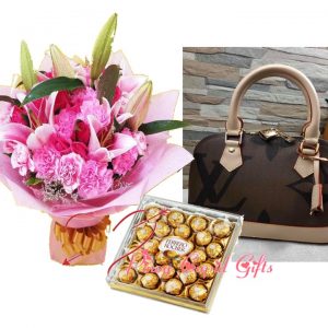 Carnations/Lillies bouquet, ladies bag and ferrero chocolate