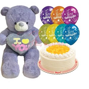 4ft life-size bear, cake and anniversary balloons