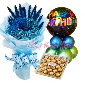 Dried blue flowers, ferrero chocolate, birthday balloons