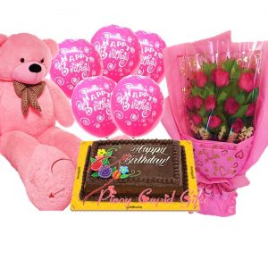 4ft life-size bear, roses, dedication cake and birthday balloons
