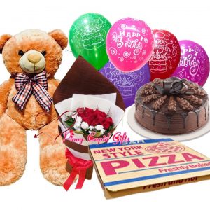 3ft life-size bear, roses, 18ïnches pizza, chocolate cake, and birthday balloons