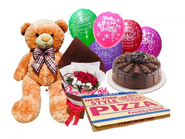 3ft life-size bear, roses, 18ïnches pizza, chocolate cake, and birthday balloons