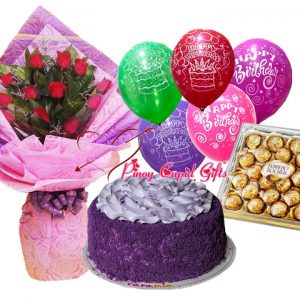 roses, ube cake, ferrero chocolates and birthday balloons