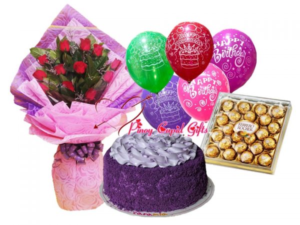 roses, ube cake, ferrero chocolates and birthday balloons