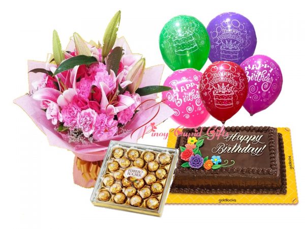 mixed lilies/carnations with chocolates, cake and birthday balloons