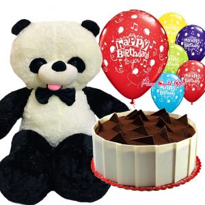 3ft panda bear with cake and balloons